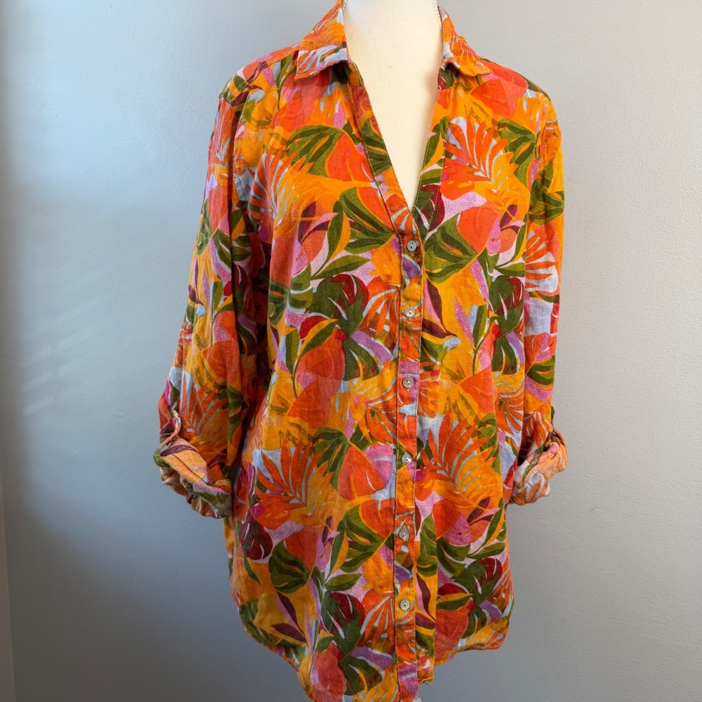 C&C California Large 100% Linen Tropical Palm Print Button Down Shirt Orange